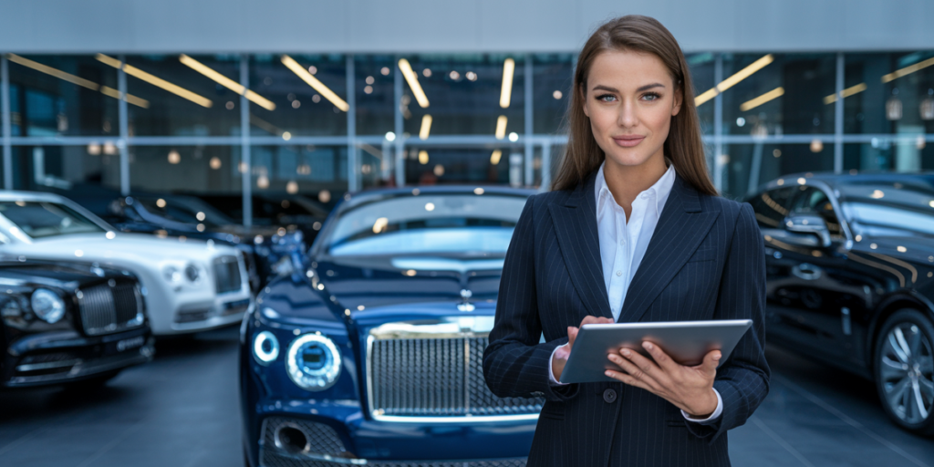 A confident woman in a professional suit standing in an automotive showroom