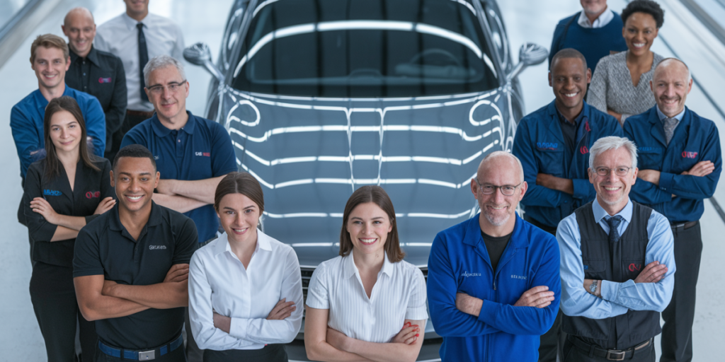 A group photo of diverse automotive professionals—varying in gender, ethnicity, and age—standing in front of a modern car