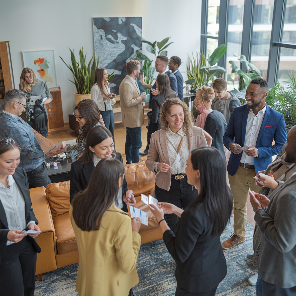 a diverse group of professionals engaging in a networking event or workshop. People are exchanging business cards, smiling, and having discussions.