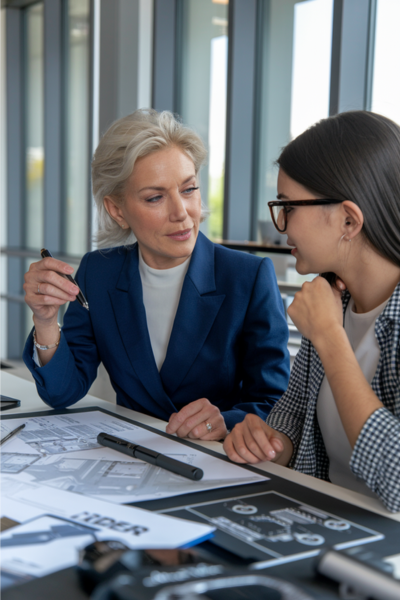 A seasoned female automotive executive mentoring a young female engineer.