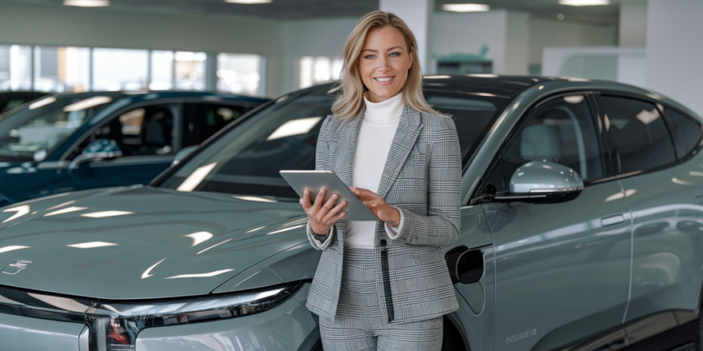 woman standing in front of an EV