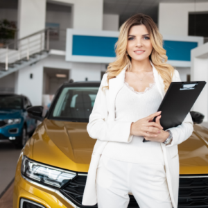 confident woman in automotive dealership