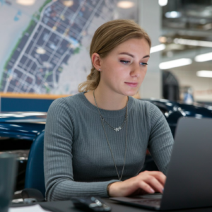 woman working at her desk in an automotive dealership