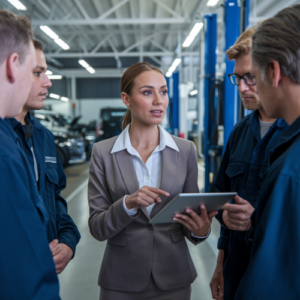 woman service manager talking to team of advisors and mechanics