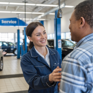 Woman service advisor greeting customer